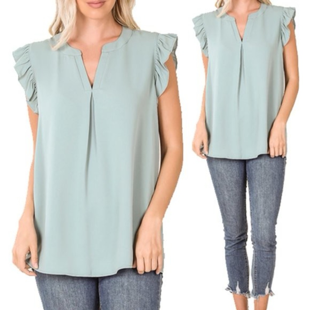 NWOT ZENANA Woven Wool Peach Ruffled Sleeve High-Low Blouse Light Green Size L